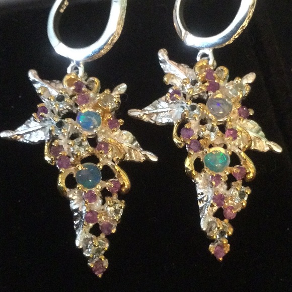 Breathtaking Genuine Opals, Rhodolite Garnets & Aquamarines Earrings - Picture 3 of 7